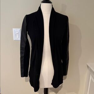 Theory Black Open Front Cardigan with Leather Sleeves